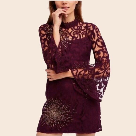 Free People Burgundy North Star Mini Dress w/ Bell Sleeves Size 2 - Picture 1 of 14